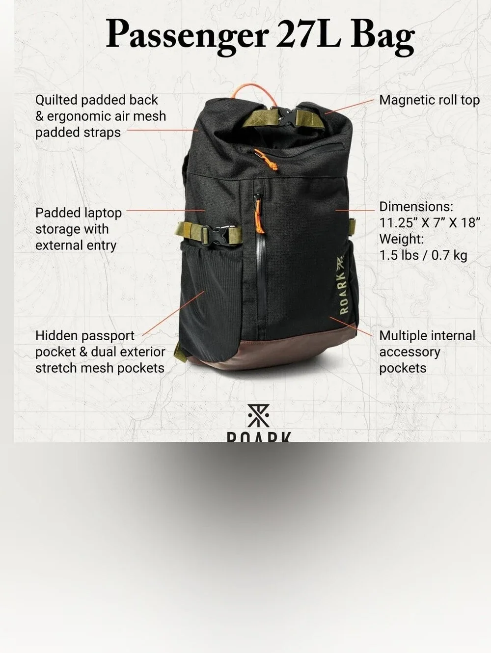 ROARK 27L 2.0 Passenger RA249 Travel Backpack Laptop pkt Black/Olive NWOT